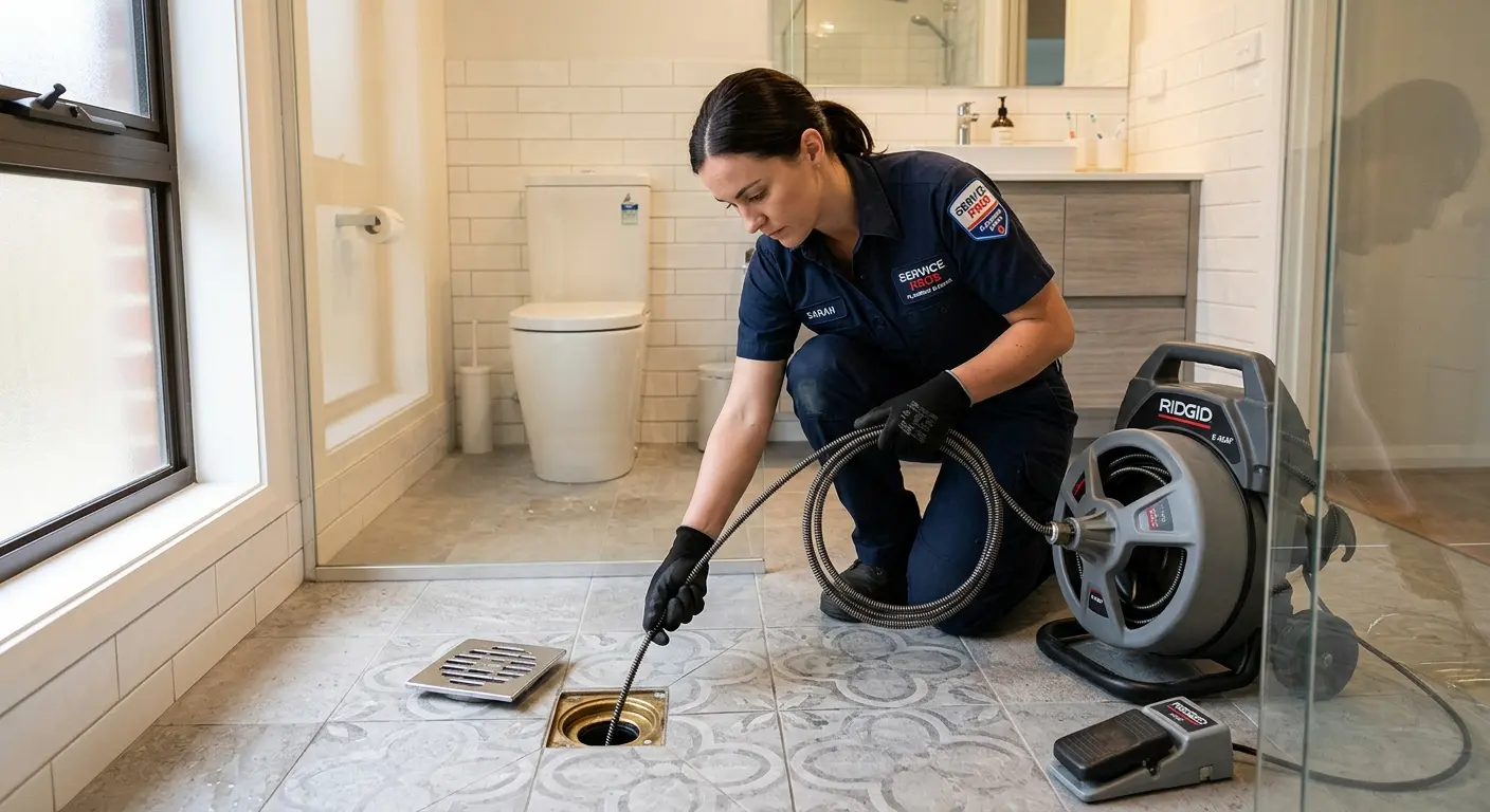 Technician clearing a bathroom floor drain for Sewer Line Replacement in Ottumwa